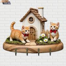 1pc Country Style Cat & House Key Holder - Wooden Wall Mounted Key Cabinet With House Shaped Cutout And Cat Door - Suitable For Entryway, Doorway Etc. 22.5cm X 17.3cm Decorative Key Display Rack, 2D Flat - Multicolor - View 4