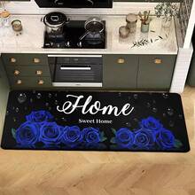 1/2/3 piezas Alfombra de cocina de primavera y verano para uso diario con diseño de rosas azules, alfombra de poliéster para cocina, baño, entrada, fiesta, decoración del hogar, alfombra de cocina, felpudo - Multicolor - Ver 14