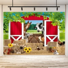 1件乡村农舍风格涤纶背景横幅 - 红色谷仓和动物春季场景,适用于花园、生日派对和摄影,花园派对装饰,充满奇趣的农舍风格涤纶材质 - 彩色 - 查看 5