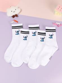 5/1 Double Stitch Cute Cartoon Pattern Middle Socks With Sports Stripe Design, Made Of Polyester Fiber Material, Cute Cartoon Pattern, Fashionable, Casual And Breathable, Suitable For Daily Wear, School Season And Holiday Gifts. - Multicolor - View 2