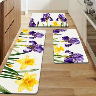 1/2/3pcs Spring Summer Everyday Kitchen Rug Purple Iris And Yellow Daffodil Pattern Polyester Floor Mat For Home Kitchen Bathroom Doorway Outdoor Garden Party Decor Kitchen Carpet Kitchen Mat Door Mat Home Decor