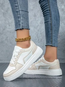 Zapatillas de deporte retro clásicas de mujer - Zapatos con cordones de color verde oliva, parte superior sintética y suela acolchada de EVA, elegantes y cómodos, aptos para fitness, running y uso diario - Unisex para todas las estaciones - Beis - Ver 3