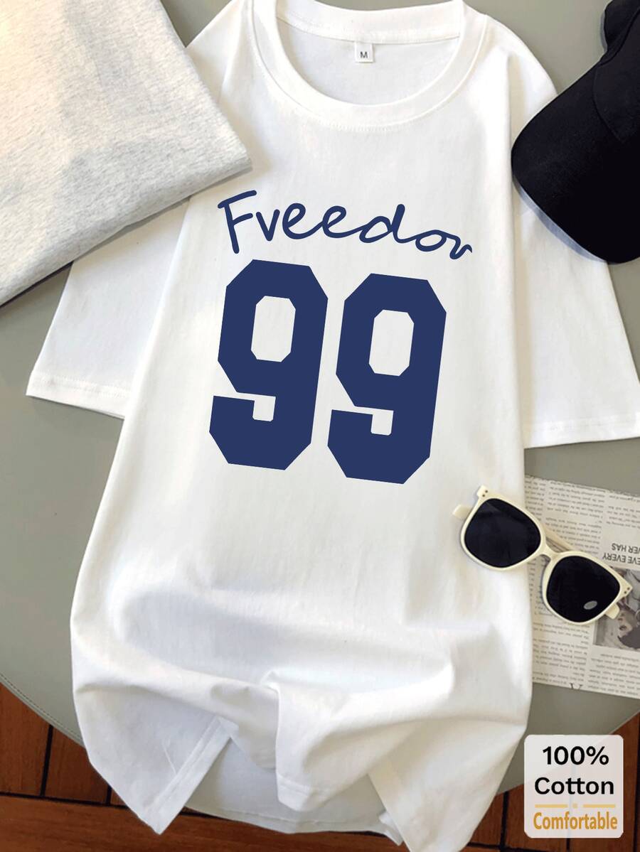 女士纯棉数字图案短袖中长T恤，时尚休闲上衣 - 白色 - 查看 1