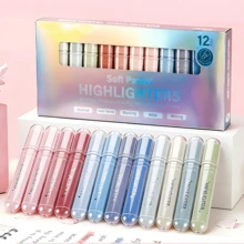 12pcs Gradient Color Cute Soft Fluorescent Highlighter Pen Set, Quick Dry, Smudge-Proof, Suitable For Bright Note-Taking - Multicolor - View 1