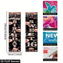 2pcs 2D Flat Sweet 16 Birthday Door Hanging Banner, Rose Gold Polyester Happy Birthday Sign, No Power Needed, Suitable For Girls 16th Birthday Party Decor And Photo Props, Shiny Birthday Banner Long-Lasting
