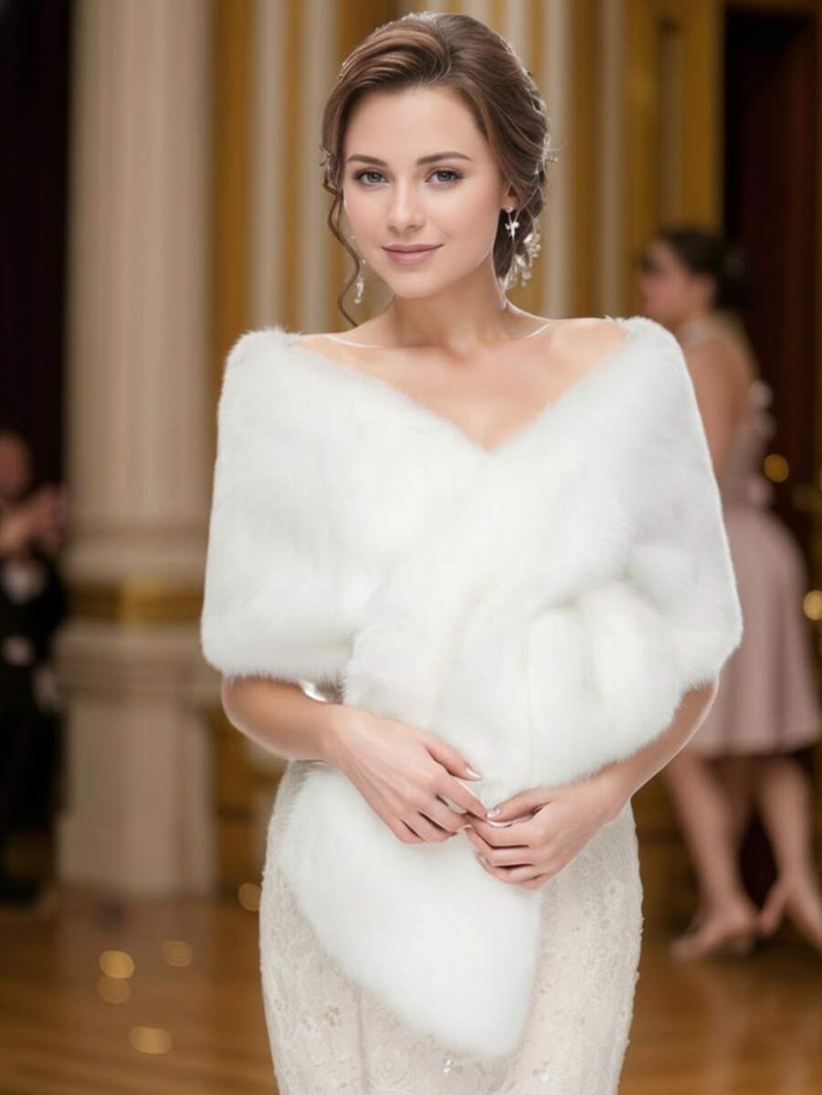 Elegant Solid Color Faux Fur Shawl, Women's Warm Fleece Scarf For Autumn/Winter, Suitable For Wedding, Party, And Evening Gown - White - View 1