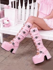 Y2k Style Women's Knee High Boot Solid Color  Buckle Round Toe Punk Motorcycle Nightclub Cosplay Shoes - Hồng - Xem 3
