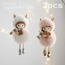 2个春季新年装饰鹿角天使吊坠，树上装饰DIY吊坠，家庭节日装饰吊坠，易于悬挂（无挂钩） - 可爱的天使节日装饰礼物，节日毛绒天使，表情丰富，适合春节、复活节、新年和生日派对装饰 - 彩色 - 查看 2