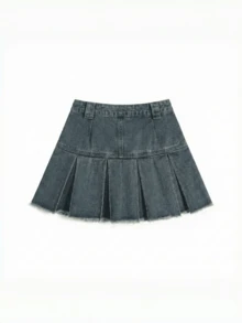 YEAE | YKK 复古蓝高腰百褶 A 字裙 - 深色水洗藍 - 查看 8