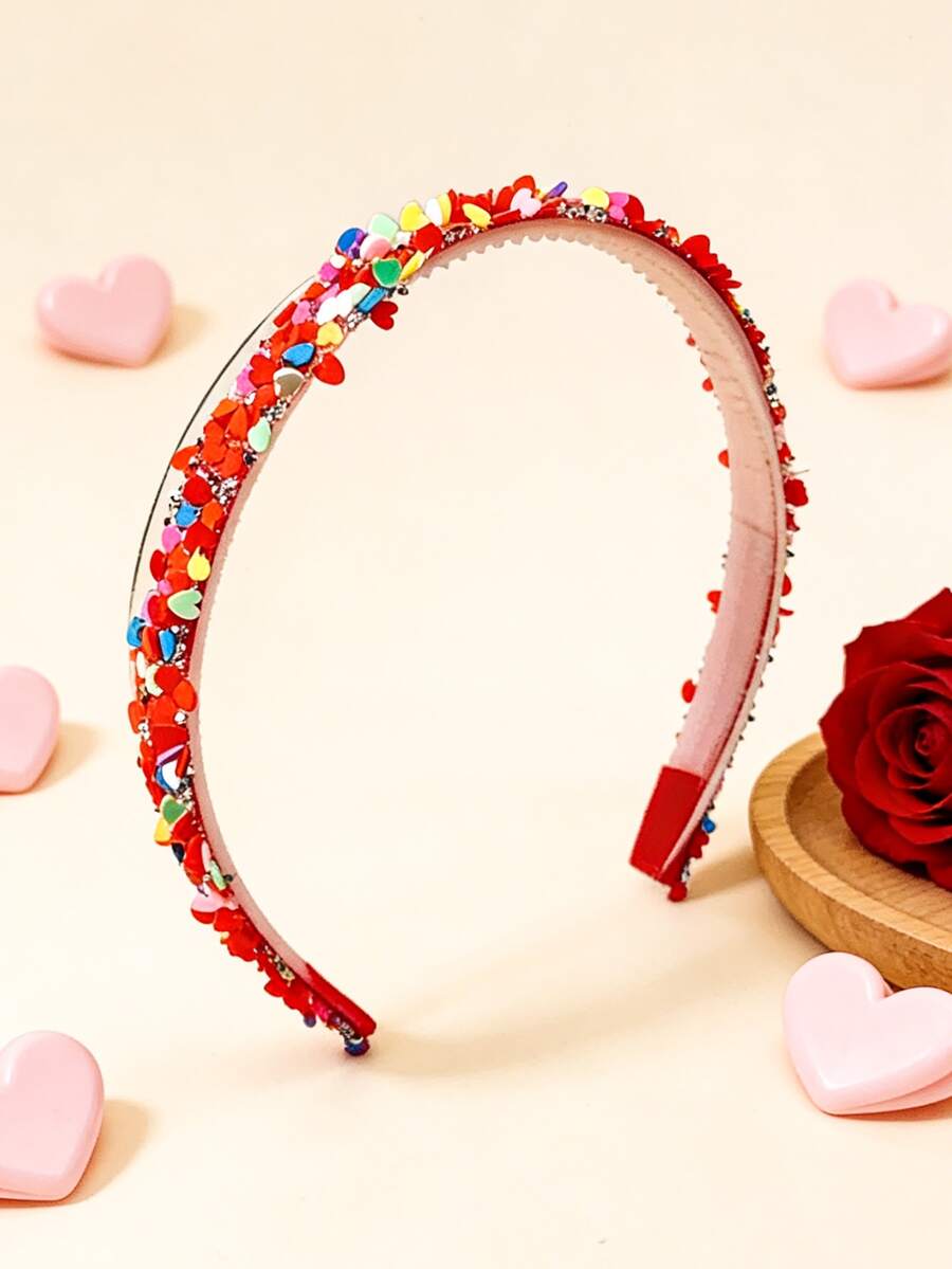 1pc Colorful Heart Confetti Shiny Headband, 3D Ceramic Peach Heart Decor, Sparkling Rhinestone Accent, Sweet & Cool Girl Style Headpiece, Boho Red Valentine's Day Headband, Attractive Party Accessory, Fashionable Ins-Inspired Delicate Fairy Headband, Holiday Outfit Decor - Red - View 1