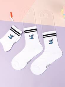 5/1 Double Stitch Cute Cartoon Pattern Middle Socks With Sports Stripe Design, Made Of Polyester Fiber Material, Cute Cartoon Pattern, Fashionable, Casual And Breathable, Suitable For Daily Wear, School Season And Holiday Gifts. - Multicolor - View 5