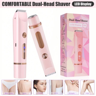 二合一电动剃须刀，女士无线比基尼修剪器，可拆卸刀头，触感柔和，干湿两用防水设计，USB充电，便携式，适用于比基尼线、腋下、腿部及全身脱毛，也可作为修眉工具，旅行必备，400mAh电池，面部脱毛器，电动剃须刀