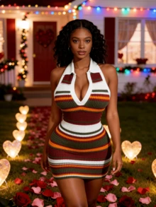 Elegant Women Cable Knit Sweater Dress, Long Sleeve Short Knit Top Set, High Elasticity, Suitable For Winter Party Wear - MultiWarna - View 4