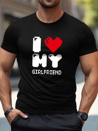Camiseta casual de manga corta y cuello redondo para hombre en verano - Versátil y cómoda, con corazón y lema "Amo a mi esposa", "Amo a mi novia" en estilo casual de novio, adecuada para actividades al aire libre en primavera/otoño