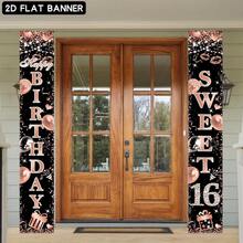 2pcs 2D Flat Sweet 16 Birthday Door Hanging Banner, Rose Gold Polyester Happy Birthday Sign, No Power Needed, Suitable For Girls 16th Birthday Party Decor And Photo Props, Shiny Birthday Banner Long-Lasting