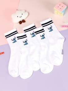 5/1 Double Stitch Cute Cartoon Pattern Middle Socks With Sports Stripe Design, Made Of Polyester Fiber Material, Cute Cartoon Pattern, Fashionable, Casual And Breathable, Suitable For Daily Wear, School Season And Holiday Gifts. - Multicolor - View 1