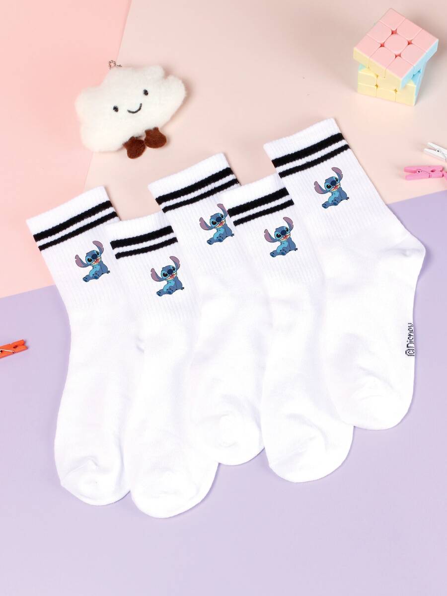 5/1 Double Stitch Cute Cartoon Pattern Middle Socks With Sports Stripe Design, Made Of Polyester Fiber Material, Cute Cartoon Pattern, Fashionable, Casual And Breathable, Suitable For Daily Wear, School Season And Holiday Gifts. - Multicolor - View 1