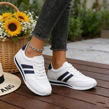FZY Women's Lightweight And EdgyElongatesStylish Sneakers - Comfortable And Cushioned Insole, Striped Low-Top Lace-Up Casual Shoes, All-Weather Durable And Abrasion-Resistant Rubber Outsole, Women's Flat Shoes Suitable For All Seasons, Outdoor Sports, And Daily Errands, With A Simple Sporty Design.Valentine's Day Surprise Gift: Striped Casual Shoes - Perfect For Couples To Wear Together For A Special Valentine's Day Gift List - Versatile, Practical, And Suitable For Everyone - 寶藍色 - 查看 1