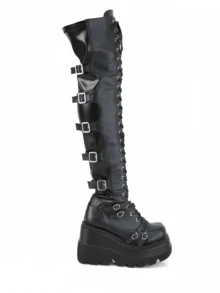 Women's Black Platform Boots Over Knee Thigh High Goth Boots For Women Lace Up Chunky Heel Motorcycle Boots Buckles Side Zip Lace Boots Dressy Party Y2K Shoes - màu đen - Xem 4