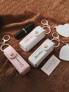 Customizable Lipstick Pouch, Solid Color PU Leather Personalized Lipstick Holder Bag With Heart-Shaped Mirror, Women's Makeup Keychain, Customizable Name & Heart-Shaped Bag Charm, Fashion Keychain Pendant, Heart-Shaped Mirror Decor Lipstick Pouch, Bag Accessories, Personalized Customization, Ideal Gift For Her - Multicolor - View 5