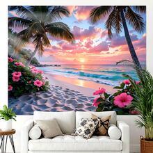 O plajă tropicală cu un fundal luminos de palmieri albaștri și linia de coastă a plajei este foarte potrivită pentru bannere decorative pentru fotografie de interior și exterior și teme de coastă, cu diverse stiluri și dimensiuni din care puteți alege. - Multicolor - Vizualizare 1