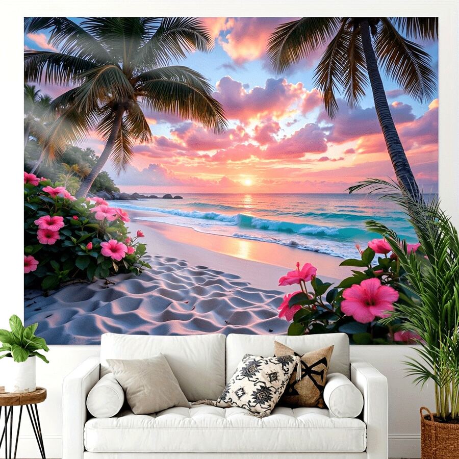 O plajă tropicală cu un fundal luminos de palmieri albaștri și linia de coastă a plajei este foarte potrivită pentru bannere decorative pentru fotografie de interior și exterior și teme de coastă, cu diverse stiluri și dimensiuni din care puteți alege. - Multicolor - Vizualizare 1