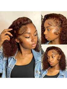 34英寸巴西卷曲蕾丝前假发，13x4、13*6、5*5高密度混发，预修剪发际线，巧克力棕色波浪卷发假发 - 高清预拔毛自然发型，适合日常及各种场合佩戴，质地柔软 - 棕色 - 查看 8