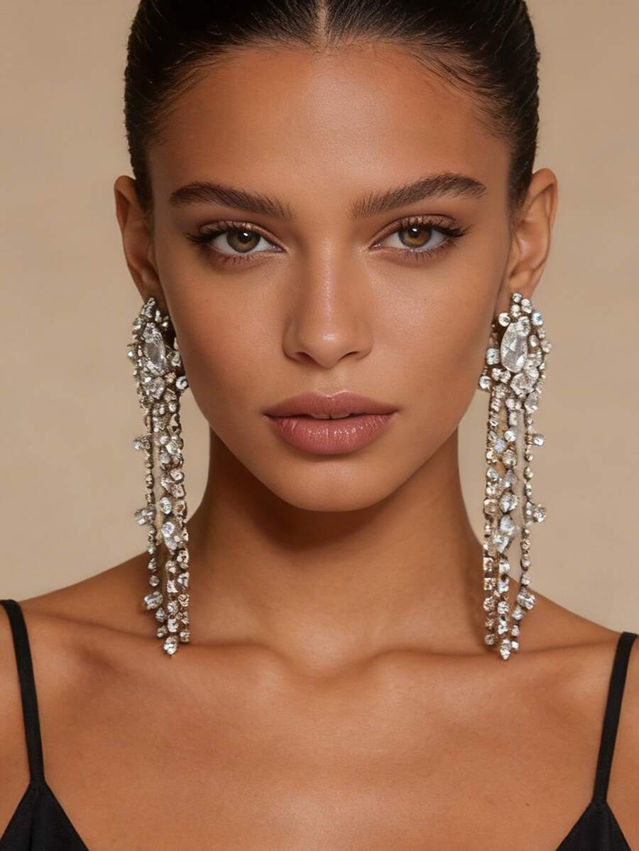 1对精致奢华高端几何线条流苏瀑布水钻合金吊坠耳环（女士款） - 流蘇耳環 - 查看 1