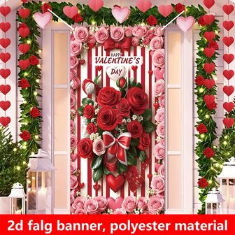 2D Flag Banner, 1PC, Valentine's Day Party Porch Decorative Banner Material Holiday Scene Layout Ornaments Love Rose Pattern Decorative Supplies.