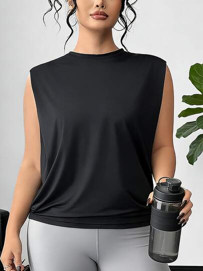 1件女士加大码无袖休闲多功能运动上衣，75%尼龙+25%氨纶，针织瑜伽宽松舒适背心，适合春夏穿着