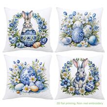 MEMNUN 4pcs Easter Vintage Rabbit, Blue & White Floral, Tulip, Daisy Flower Print Polyester Decorative Pillow Covers [No Pillow Insert], 17.7*17.7in(45*45cm)/19.69*19.69in(50*50cm)/15.75*15.75in(40*40cm), [Single-Sided Printing] Rabbit With Bow Tie, Blue & White Egg Easter Theme Throw Pillow Covers, Room Decor, Home Decor - Multicolor - View 4
