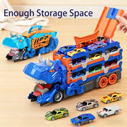 3-In-1 Dinosaur Transformation Transport Car Toy Set, With 6 Mini Alloy Cars - Colorful ABS Dinosaur Toys, Dual Track Racer, Toys For Kids 3+ Years Old, Boys Toy Cars, Children's Birthday Gift || Durable Toy, Popular Toy Car Gift For Boys