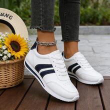 FZY Women's Lightweight And EdgyElongatesStylish Sneakers - Comfortable And Cushioned Insole, Striped Low-Top Lace-Up Casual Shoes, All-Weather Durable And Abrasion-Resistant Rubber Outsole, Women's Flat Shoes Suitable For All Seasons, Outdoor Sports, And Daily Errands, With A Simple Sporty Design.Valentine's Day Surprise Gift: Striped Casual Shoes - Perfect For Couples To Wear Together For A Special Valentine's Day Gift List - Versatile, Practical, And Suitable For Everyone - 寶藍色 - 查看 3