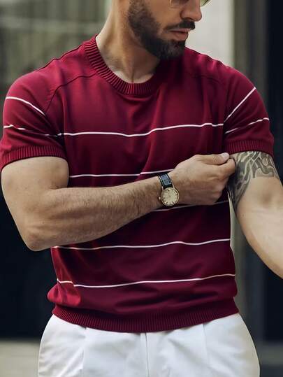 Camiseta de cuello redondo de manga corta con costillas en color burdeos para hombres, top casual y versátil con mangas raglán transpirable y cómodo para el verano