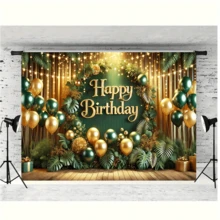 1件生日快乐背景横幅，涤纶材质，深绿色和金色生日主题，带有森林热带植物和礼盒装饰，适用于生日、庆祝派对、家庭客厅、卧室、办公室、户外派对和节日礼物、户外聚会、庆祝活动装饰、主题装饰、生日用品。 - 彩色 - 查看 5