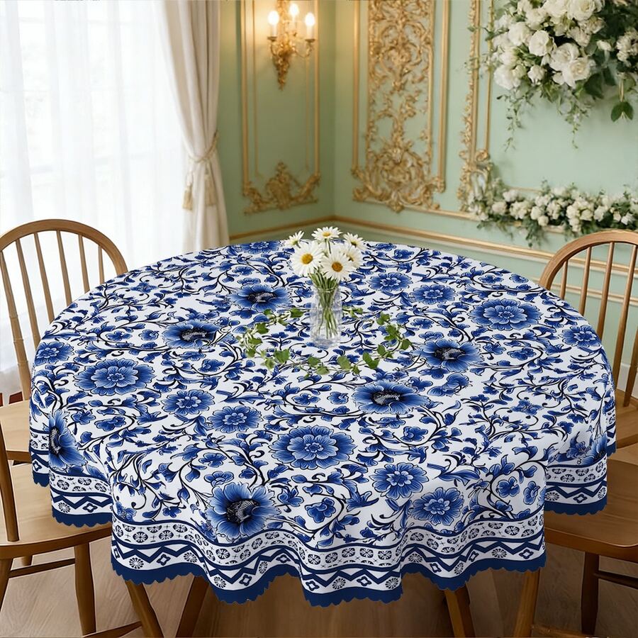 1pc/36pcs Vintage Blue Floral Wrinkle-Resistant Tablecloth, Embossed Edge Craft, Rectangular/Round Tablecloth, Multiple Sizes Available, Polyester Fiber Tablecloth, Indoor Dining/Outdoor Party Use - Royal Blue - View 1
