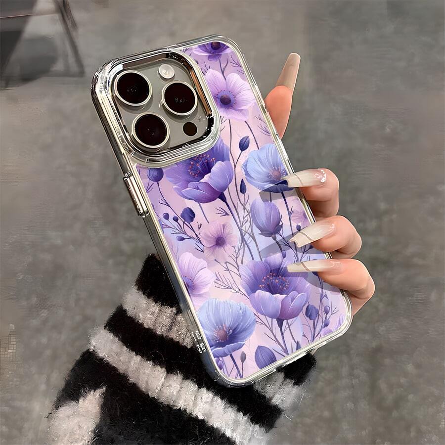 Esta funda con estampado floral morado y azul es compatible con varios modelos de teléfono, como OPPO Reno 16E/15/14/13/12/11/PRO/PLUS/PROMAX/MINI, S/A/M/NOTE, S/G/EDGE/E, Transition Spark/HANTOM/CAMON/INFINIX, Honor 400/PLAY/X/Y, OPPO Reno/A/F, OPPO Reno 14/Redmi/POCO/NOTE, etc. Transparente, sencilla, elegante y duradera, está hecha de TPU. Es ideal para celebraciones como San Valentín, Halloween y Navidad, ideal para uso personal o como regalo. - transparente - Ver 1