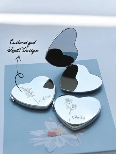 Espejo compacto con forma de corazón personalizado - Grabado de texto/patrón personalizado | Espejo de maquillaje portátil de doble cara de acero inoxidable | Personalizable con nombre, diseño floral o mensaje, adecuado para el Día de San Valentín, cumpleaños, regalo para dama de honor | Superficie lisa y brillante, fácil de llevar | Accesorio de mujer único y significativo