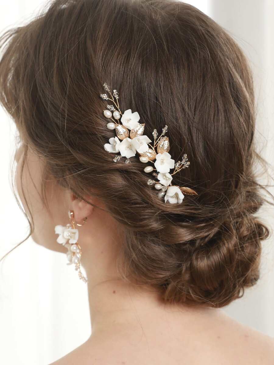 2 chiếc kẹp tóc cô dâu bằng gốm hình hoa và lá kim loại đính ngọc trai giả, pha lê, thích hợp cho đám cưới, sử dụng hàng ngày, tiệc tùng, sinh nhật và các dịp khác, phụ kiện ngày Valentine. - Vàng - Xem 1