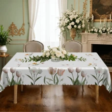 1pc/36pcs Spring & Summer Floral Anti-Wrinkle Tablecloth, Embossed Edge Craft, Rectangular/Round Tablecloth, Multiple Sizes Available, Polyester Fiber Tablecloth, Indoor Dining/Outdoor Party - White - View 6