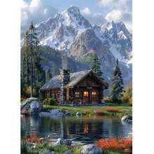 1pc 5D DIY Diamond Painting - "Peaceful Mountain Dwelling: Wooden Cabin By The Lakeside Meadow" - Frameless Mosaic Full Drill Round Acrylic Diamond Art DIY Kit, Suitable For Home And Office Desktop Decor, Tabletop Decoration And Wall Decor, Living Room, Bedroom, Study Room Ideal Home Decor Gift, Suitable For Adult Beginners And Craft Enthusiasts, Handmade Gift Ideas, Perfect For Family Gatherings, Birthday Parties And Various Holidays - Multicolor - View 2