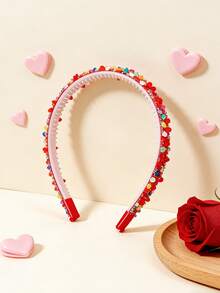 1pc Colorful Heart Confetti Shiny Headband, 3D Ceramic Peach Heart Decor, Sparkling Rhinestone Accent, Sweet & Cool Girl Style Headpiece, Boho Red Valentine's Day Headband, Attractive Party Accessory, Fashionable Ins-Inspired Delicate Fairy Headband, Holiday Outfit Decor - Red - View 5