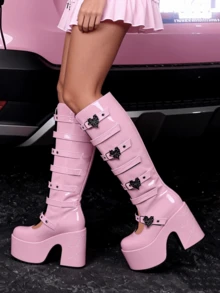 Y2k Style Women's Knee High Boot Solid Color  Buckle Round Toe Punk Motorcycle Nightclub Cosplay Shoes - Hồng - Xem 4