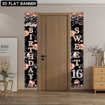 2pcs 2D Flat Sweet 16 Birthday Door Hanging Banner, Rose Gold Polyester Happy Birthday Sign, No Power Needed, Suitable For Girls 16th Birthday Party Decor And Photo Props, Shiny Birthday Banner Long-Lasting