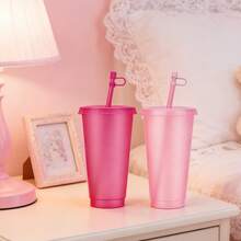 KAFUFU 25 Pcs Reusable Cups With Lids And Straws 24 Oz Glitter Iced Coffee Tumbler Plastic Travel Mug Cup For Smoothie Juices Birthday Sleepover Party Supplies For Girls(25,Light Pink) - 淺粉紅色 - 查看 7