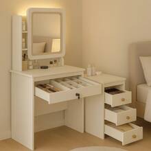 Dressing Table With Sliding LED Mirror And Light, Dressing Station Set With Movable Drawers, And Open Shelves, Bedroom Or Bathroom Dressing Table, Christmas Gift - Trắng (có tủ đầu giường) - Xem 4