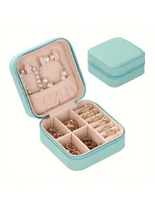 1pc Portable Jewelry Box, Jewelry Storage & Display Travel Case, Button Leather Zipper Jewelry Box, Anti-Oxidation Protective Jewelry Display Box - Multicolor - View 17