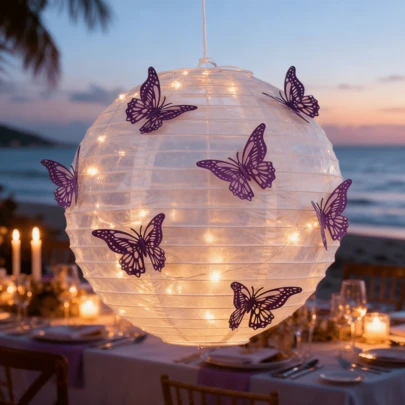 Purple Butterfly Lantern Decor For Valentine's Day Wedding, Beach Wedding Entrance Decor, Wedding Dessert Area Accent, Outdoor Ceremony Arch Decor, Wedding Reception Corner Decor, Newlyweds Photo Spot Accent, Wedding Lawn Cocktail Hour Decor, Wedding Welcome Desk Focal Point Decor, Church Aisle Wedding Decor, Outdoor Bonfire Party Decor, Proposal Scene Decoration, Wedding Photography Props