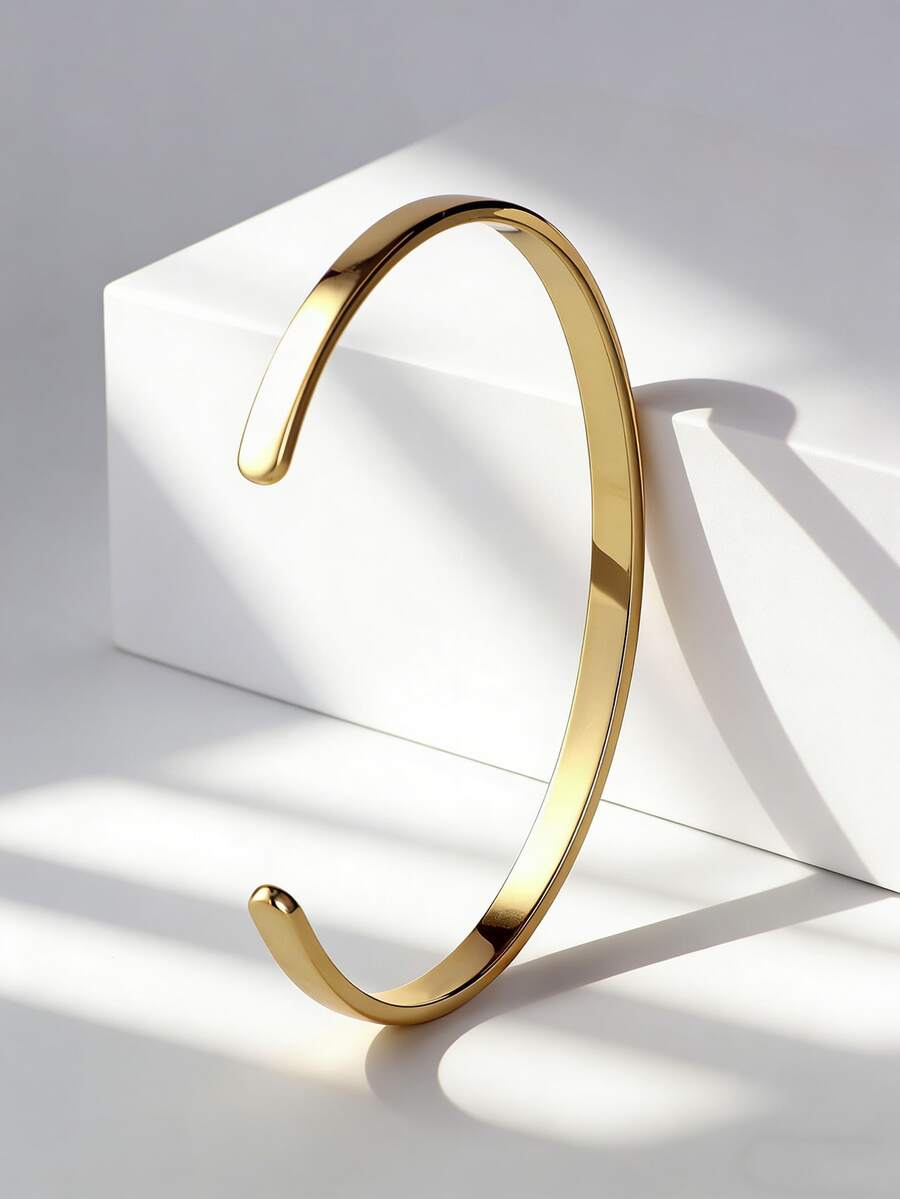 Charm-In 1 pieza Brazalete abierto minimalista bañado en oro, para mujer - Accesorio de uso diario/fiesta, regalo ideal para ella (Cumpleaños/Día de San Valentín) - Dorado - Ver 1
