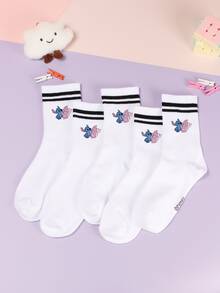 5/1 Pair Cute Cartoon Pattern Mid-Calf Socks, Sports Stripe Design, Made Of Polyester Fiber, Fashionable Casual Breathable, Suitable For Daily Wear, Back To School Season And Holiday Gifts - Multicolor - View 1